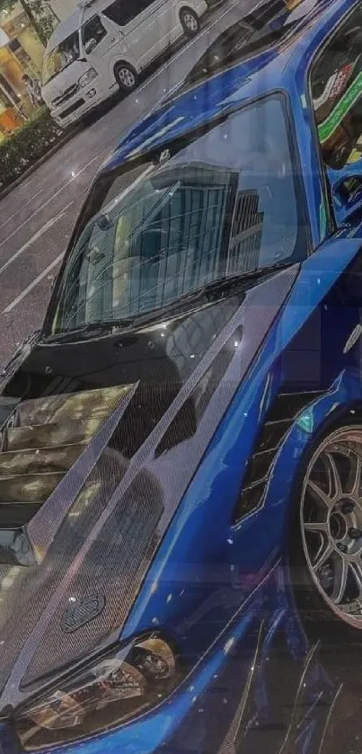 Sleek blue sports car parked on an urban street in striking detail.