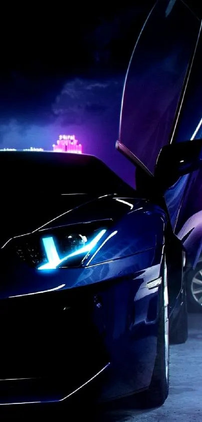 Sleek blue sports car with neon cityscape backdrop.