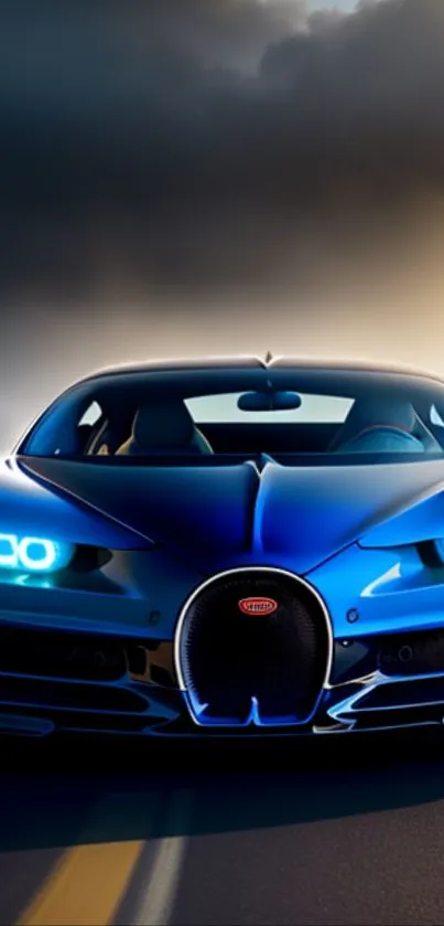 High-resolution wallpaper of a blue sports car with glowing headlights.