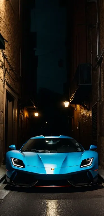 Sleek blue sports car in a dimly lit alley.