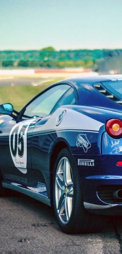 Sleek blue sports car parked on a race track with a vivid background.