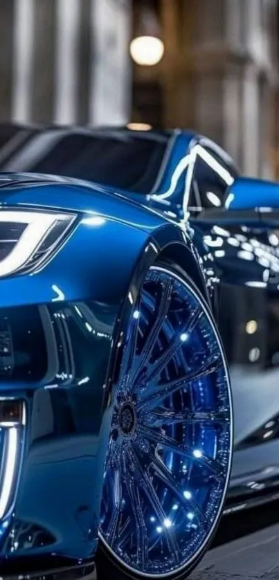 Sleek blue sports car with shiny finish in urban setting.