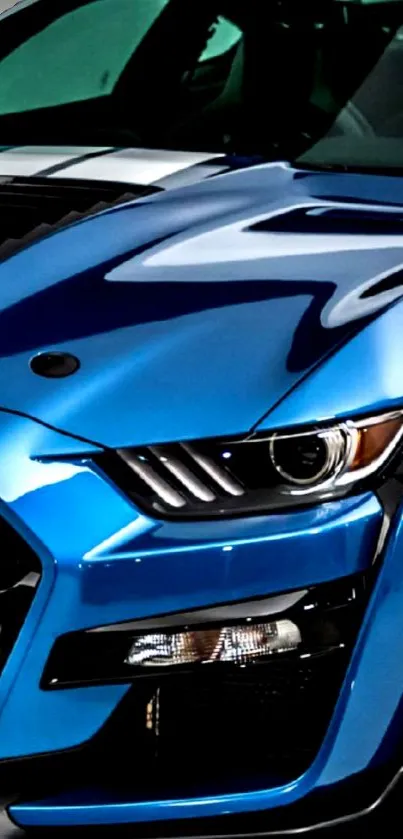 Close-up of a sleek blue sports car in motion.