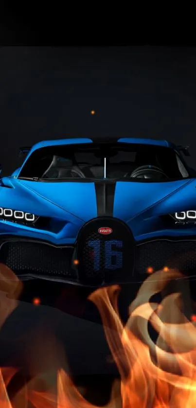 Blue sports car with flames wallpaper.