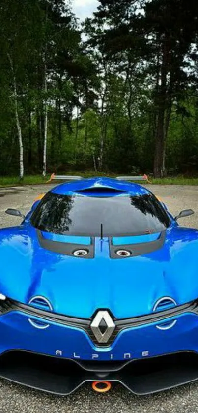 Blue sports car with forest background.