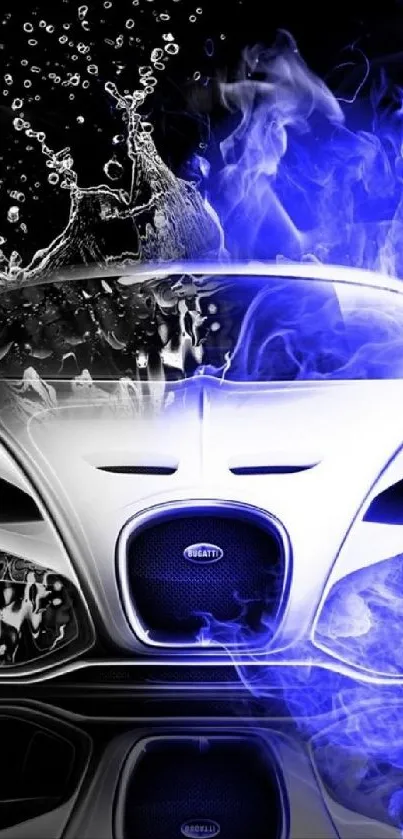 Dynamic sports car with blue flames and water effects.