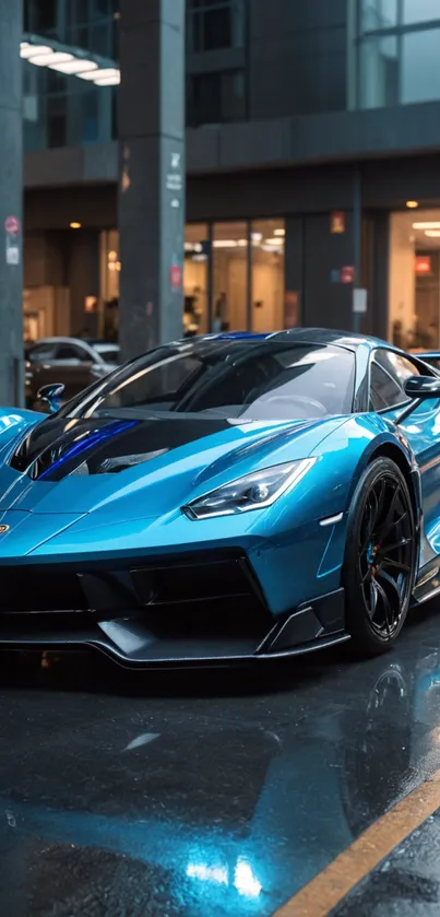 Sleek blue sports car parked in an urban setting.