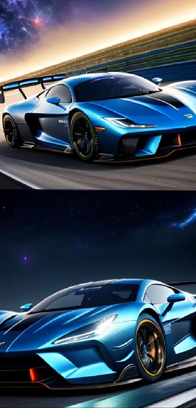 Sleek blue supercar racing under a starry sky on a vibrant track.