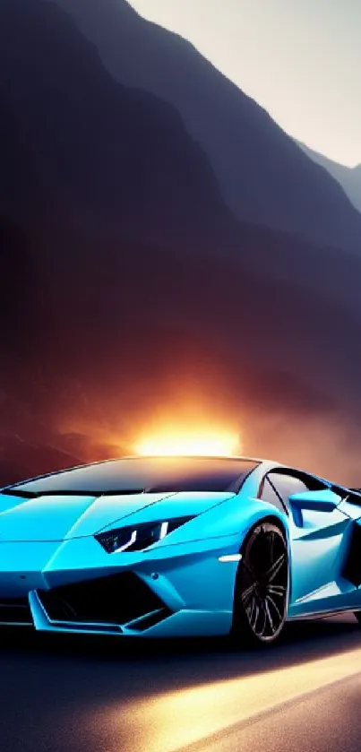 Blue supercar on road with mountains at sunset.