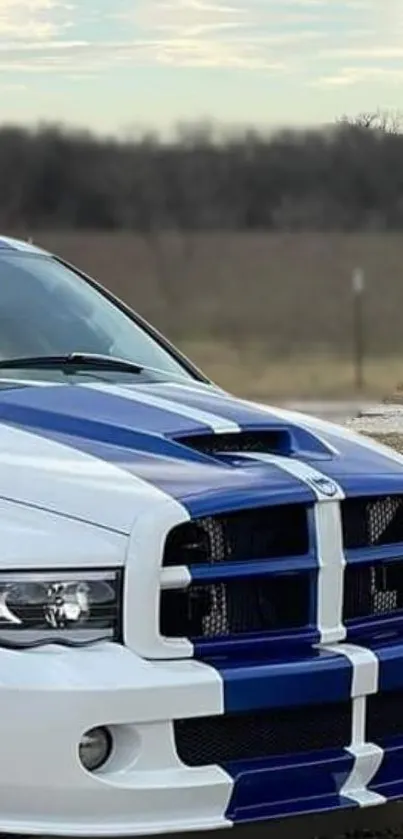 Sleek blue and white car with stripes against a natural backdrop.