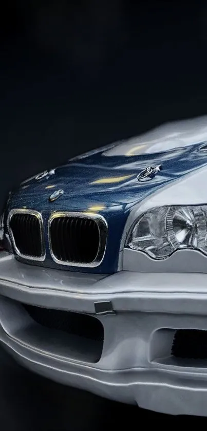 Close-up of a sleek BMW luxury car front view in dark blue.