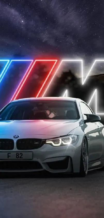 Dynamic BMW car with vibrant night sky background.