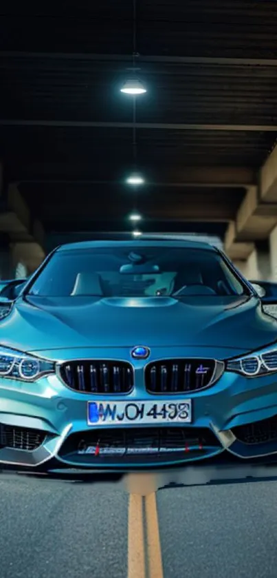 BMW car under tunnel in vibrant teal.