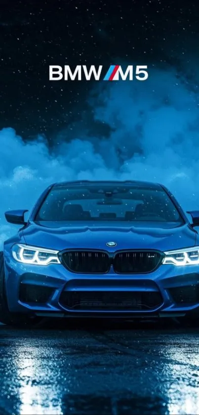 Sleek blue BMW M5 driving under a starry night sky