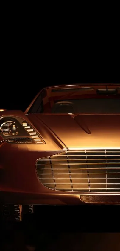 Bronze luxury sports car in dramatic lighting, sleek design.