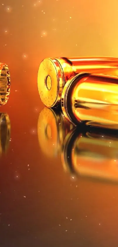 Golden bullets with reflections on a sleek background.