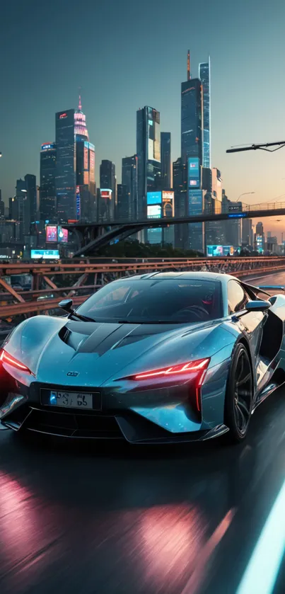 Futuristic car speeding past a city skyline at twilight.