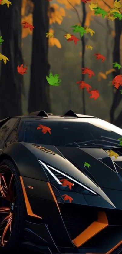 Black sports car amidst autumn forest backdrop.