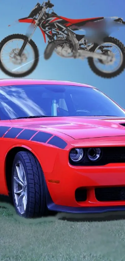 Red sports car and dirt bike under blue sky wallpaper.