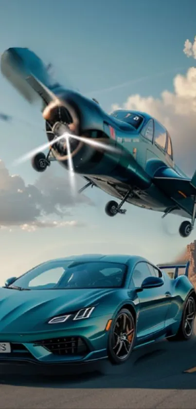 Sports car and vintage plane under a blue sky.