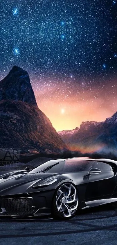 Black sports car with starry sky and mountain backdrop.