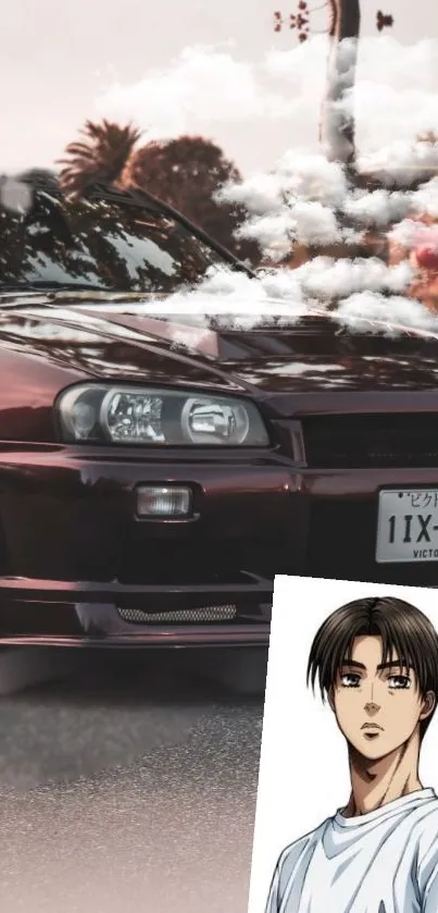 Sleek sport car with anime character in burgundy background.