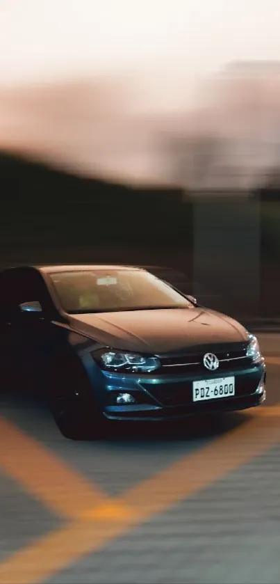 Car parked at dusk with blurred background in a dynamic urban setting.