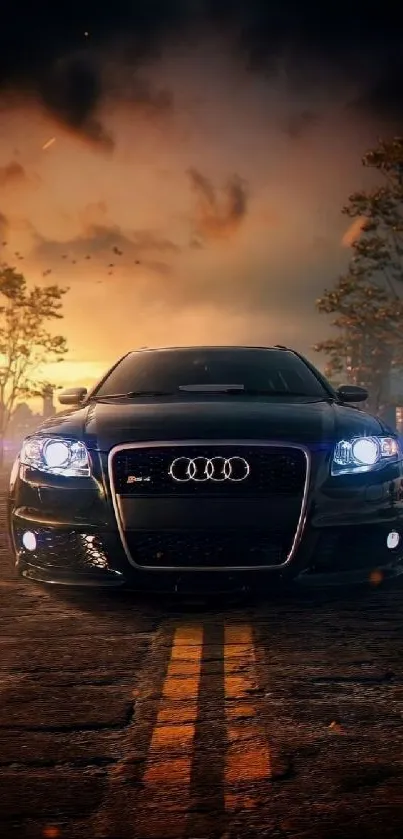 Sleek black Audi on road at sunset under darkening sky.