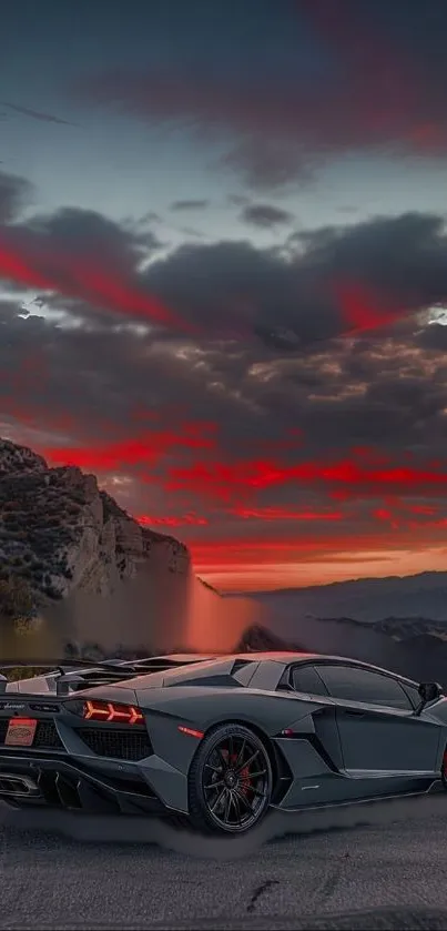 Sleek sports car against sunset sky with dramatic clouds.