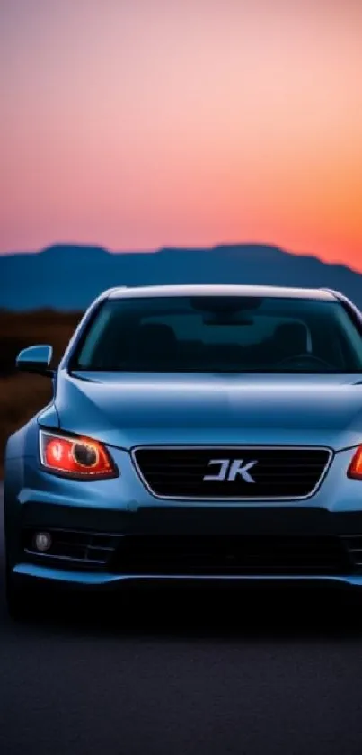 Sleek car driving at sunset on a scenic road.