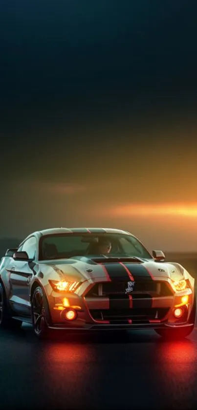 Sleek sports car at sunset with vibrant colors.