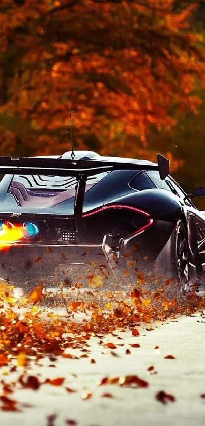 Sports car driving through autumn leaves.