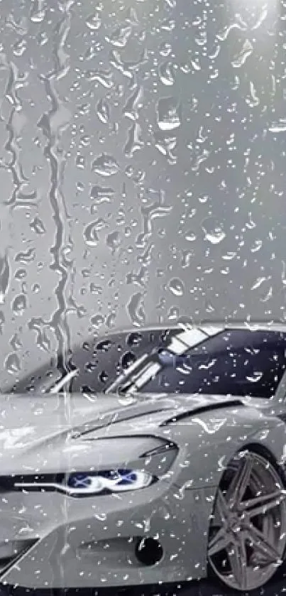 Luxury car behind a rain-covered glass backdrop.