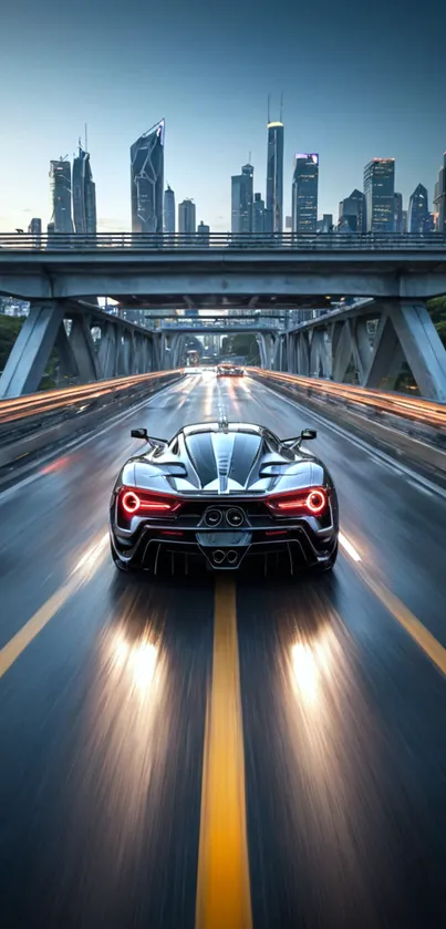 Sleek car driving on city highway at dusk with skyline backdrop.