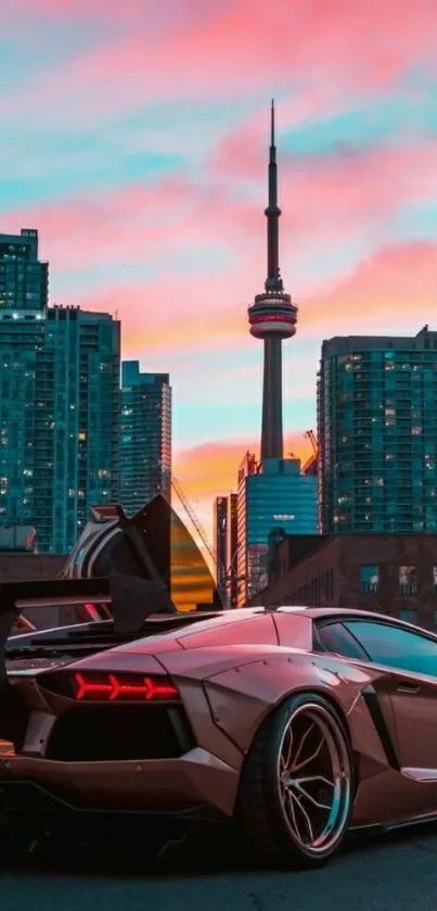 Sleek car with city skyline at sunset.