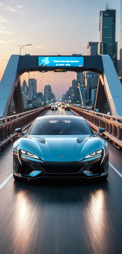 Sleek blue sports car driving on a city bridge.