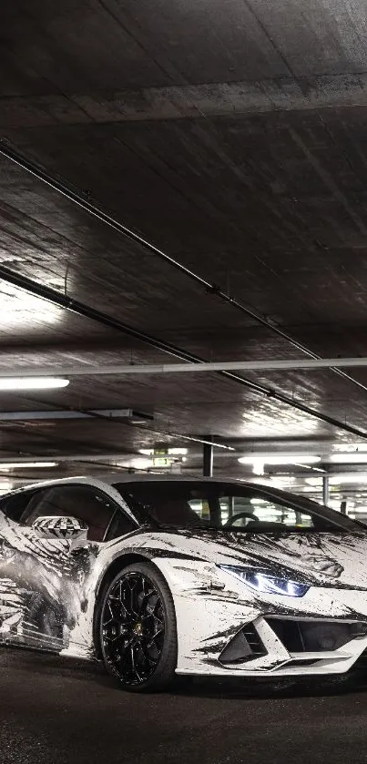 Sleek sports car in a modern underground garage.