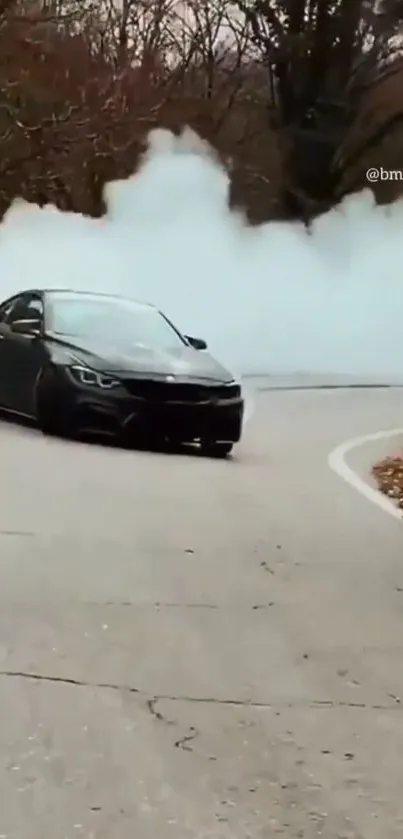 Sleek car drifting on a curved road with smoke, natural landscape.