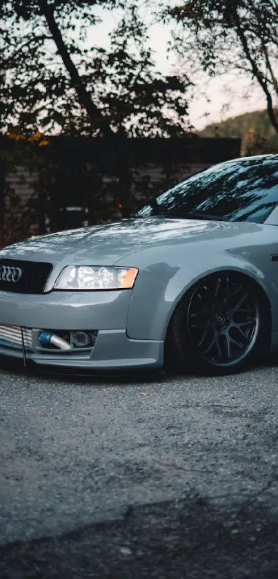 Sleek gray car parked at dusk on a quiet road.