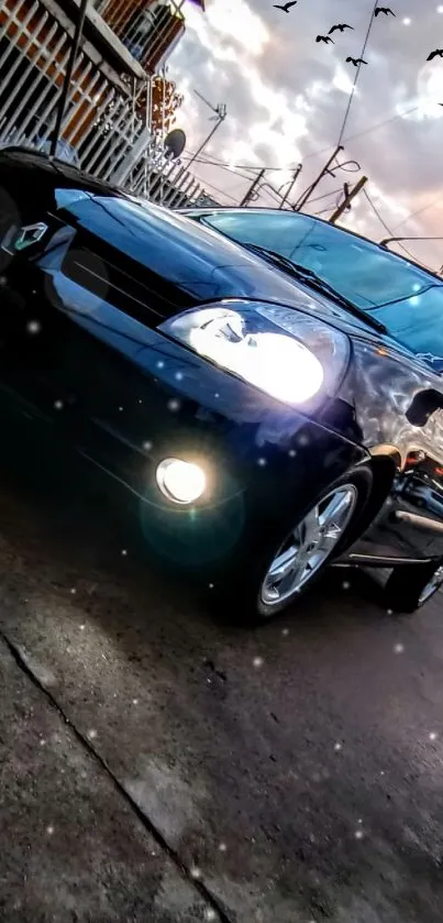 Sleek black car in evening urban setting with dramatic skies.