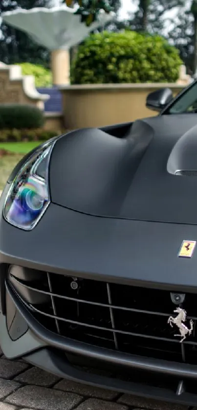 Sleek luxury sports car front view in elegant dark gray.