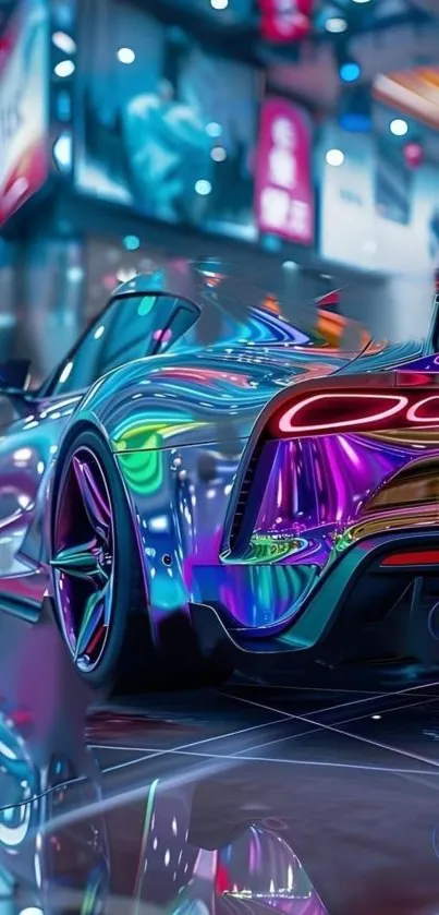 Neon-lit sports car with vibrant reflections in an urban night setting.