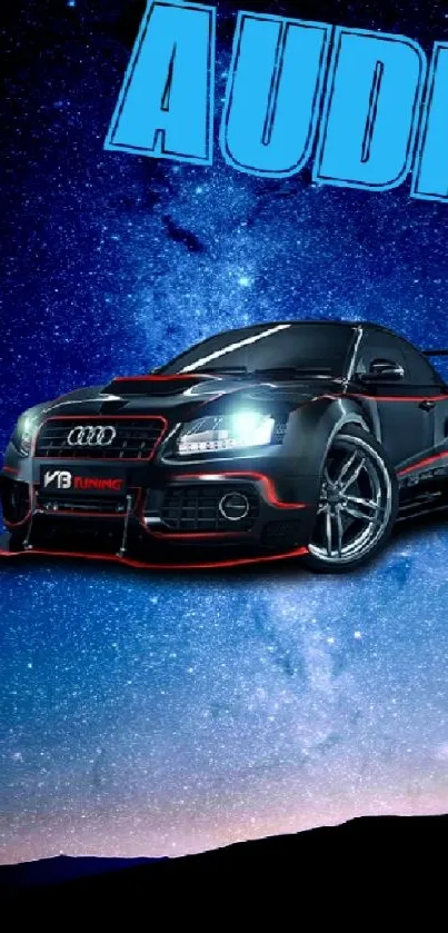 Audi car against galaxy night sky with blue glow.