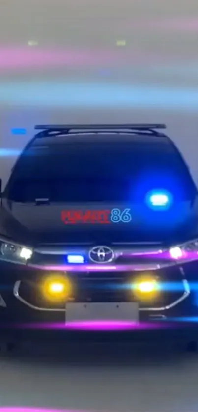 Sleek car with colorful LED headlights and light streaks on a dark background.