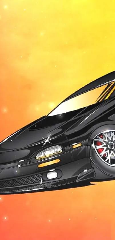 Cartoon-style black car with vibrant orange and yellow background.