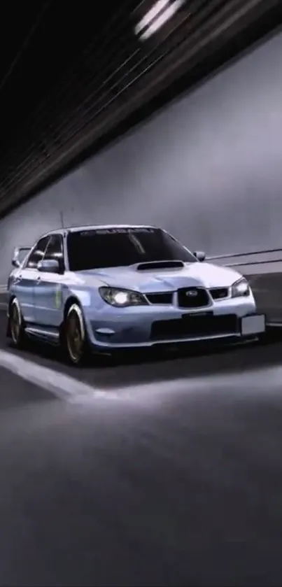 Sleek silver car driving through a tunnel at high speed.