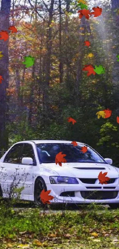 White car parked in an autumn forest with green foliage.