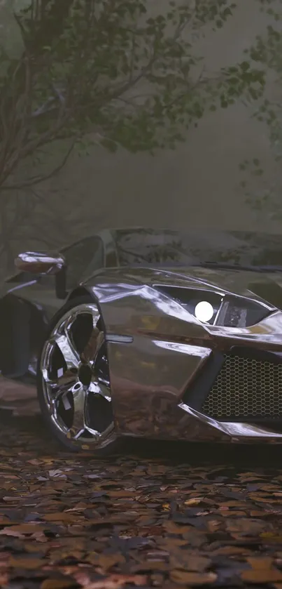 Sleek metallic car in an autumn forest setting with leaves on the ground.