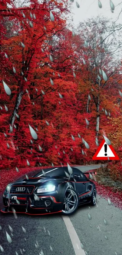 Sleek black car on autumn road with vibrant red leaves and rain.