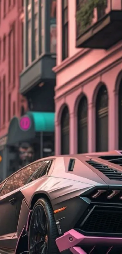 Sleek pink sports car in vibrant cityscape.